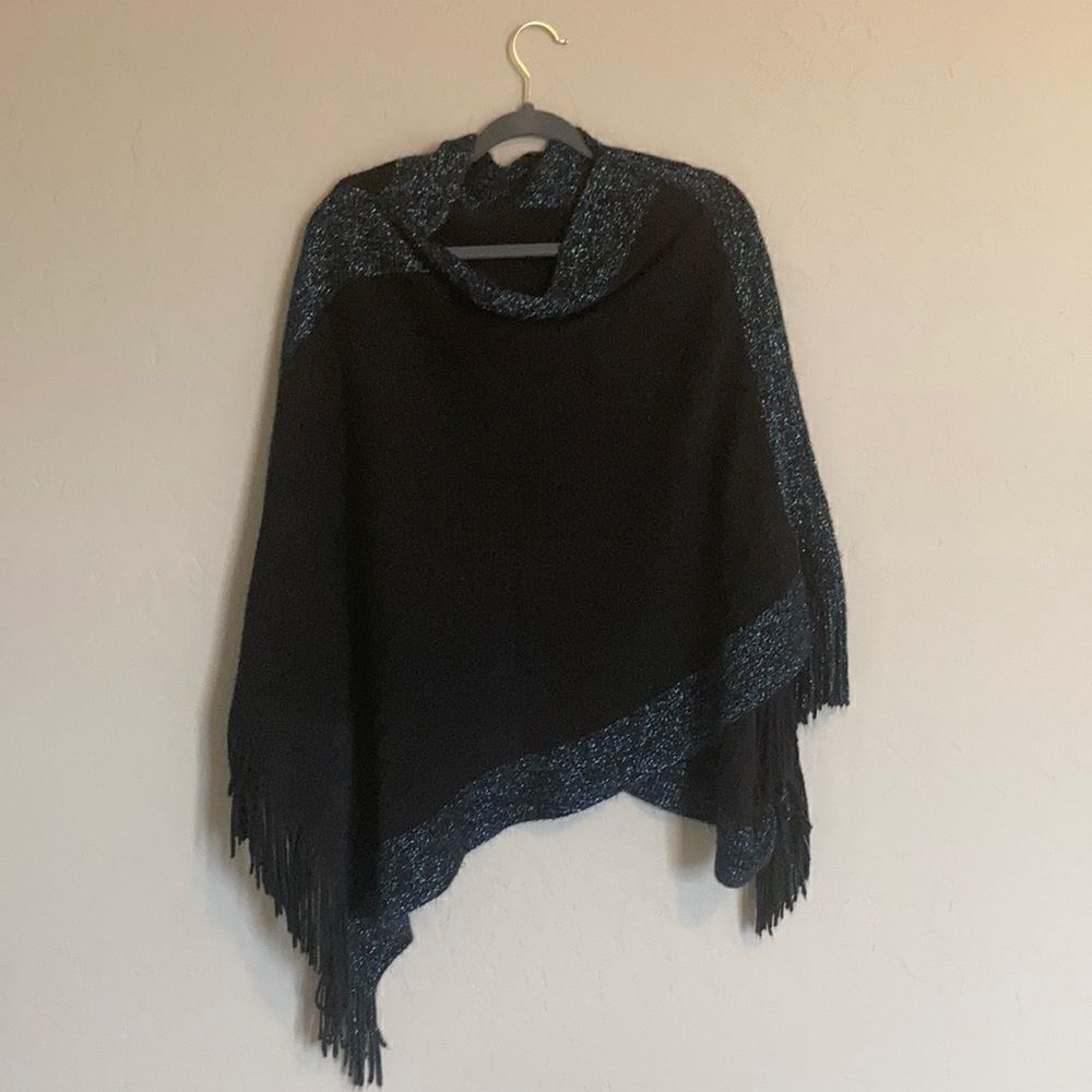 Black Poncho Sweater with Metallic Blue Accents Fringe One Size